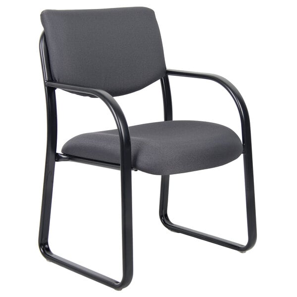 A gray Boss fabric guest chair with black metal legs.