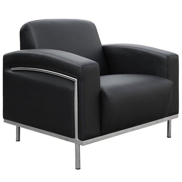 a black leather chair with silver metal legs