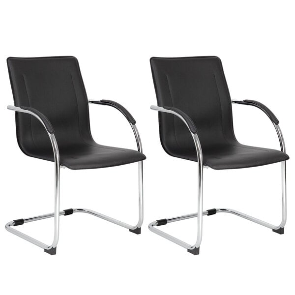 A pair of black Boss office chairs with chrome legs.