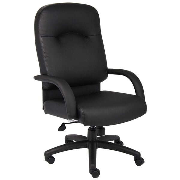 A Boss black office chair with wheels and arms.