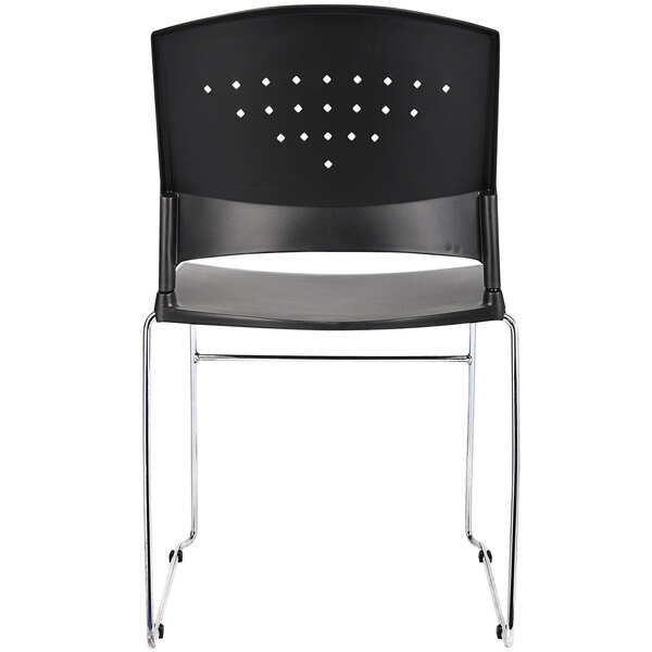 A Boss black stack chair with chrome legs.