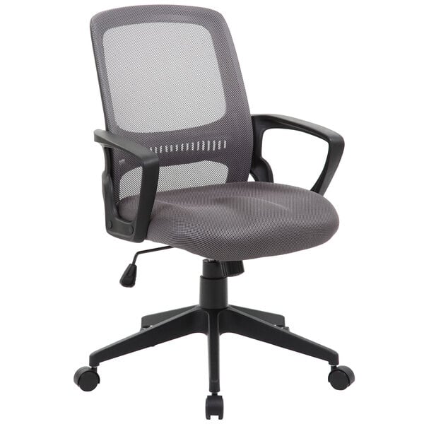 A Boss gray mesh office chair with black arms.