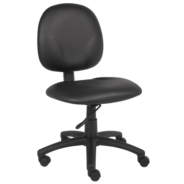 A Boss black leather office chair with wheels.