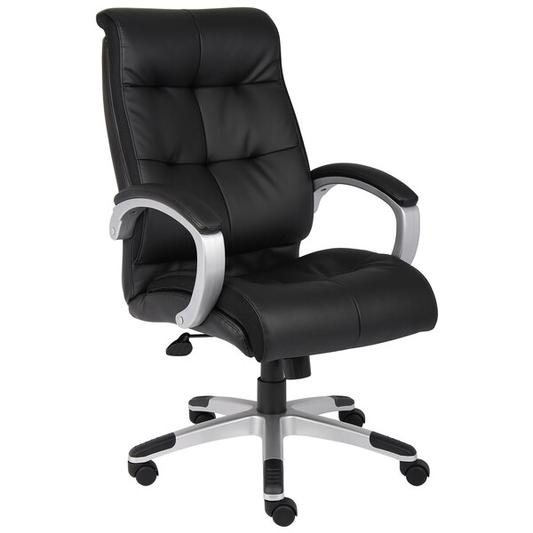 A Boss black leather office chair with silver arms and legs.