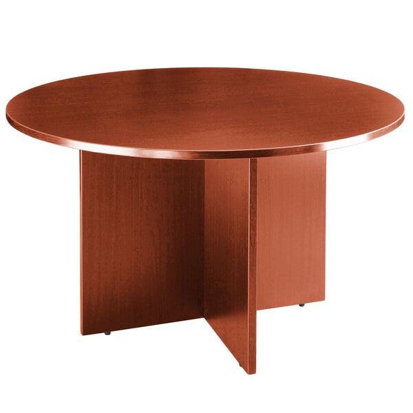 A Boss cherry laminate round office table with a wooden top.