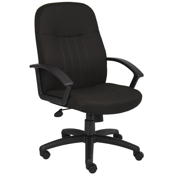 A black Boss office chair with arms and wheels.