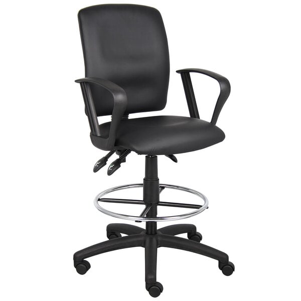 A Boss black leather drafting stool with a chrome base and loop arms.