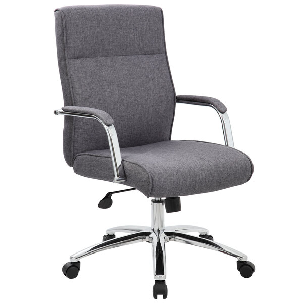 A Boss slate gray office chair with chrome arms.