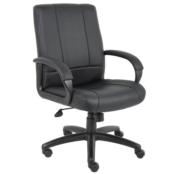 A black Boss office chair with arms and wheels.