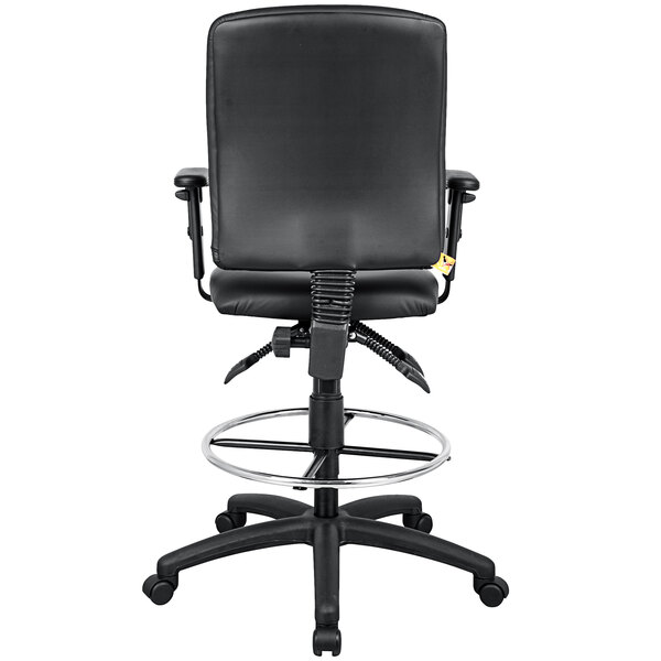 A Boss black leather drafting stool with a metal base.