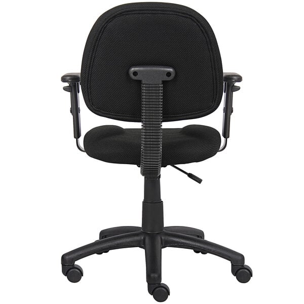 A Boss black tweed office chair with adjustable arms.