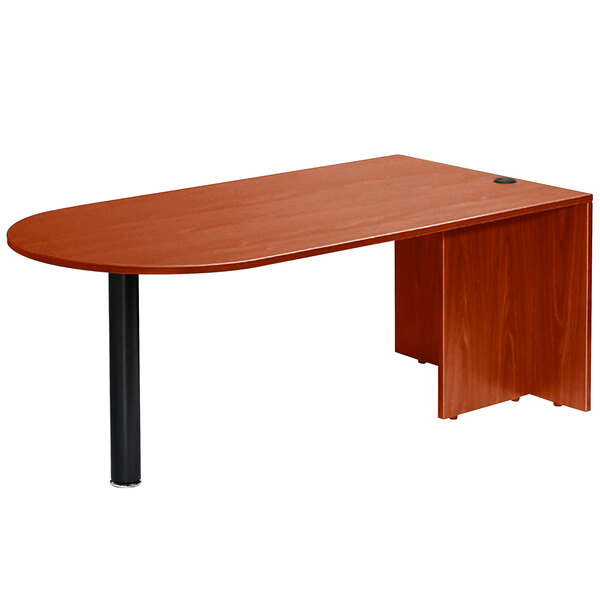 A brown Boss cherry laminate bullet desk with black legs.