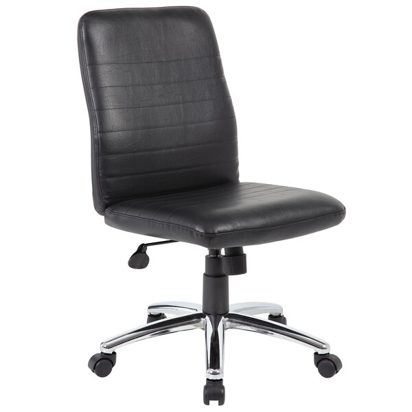 A Boss black office chair with chrome base and wheels.
