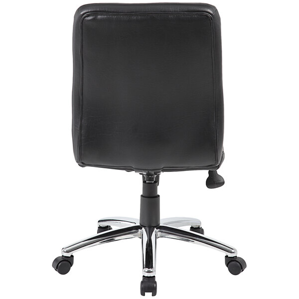 A black Boss office chair with wheels and a chrome base.