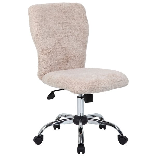 A cream office chair with fluffy seat and chrome legs.