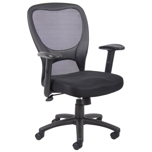 A Boss black mesh office chair.