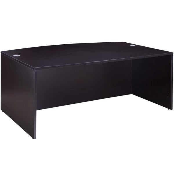 A mocha laminate bow front desk shell with a black top.