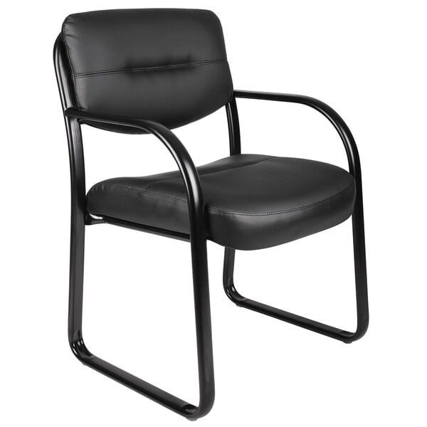 A Boss black leather side chair with metal legs and arms.