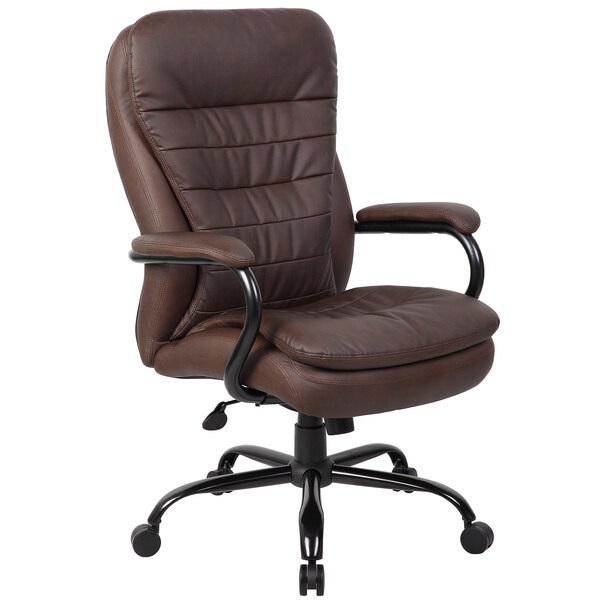 A Boss brown leather office chair with arms.
