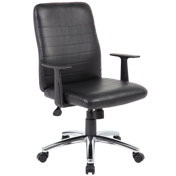 A Boss black office chair with arms and wheels.