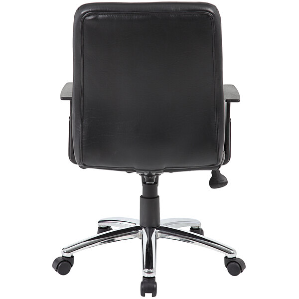 The back of a black leather Boss office chair with T-Arms.