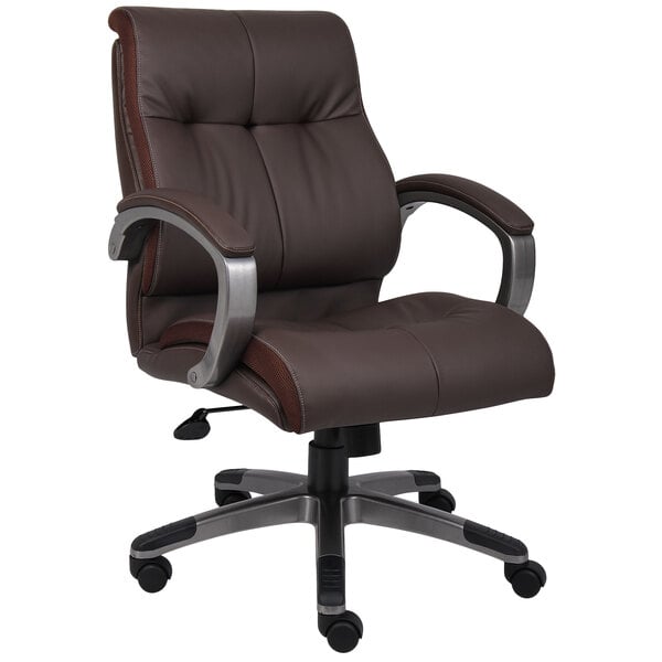 A brown Boss mid back office chair with metal arms and chrome base.