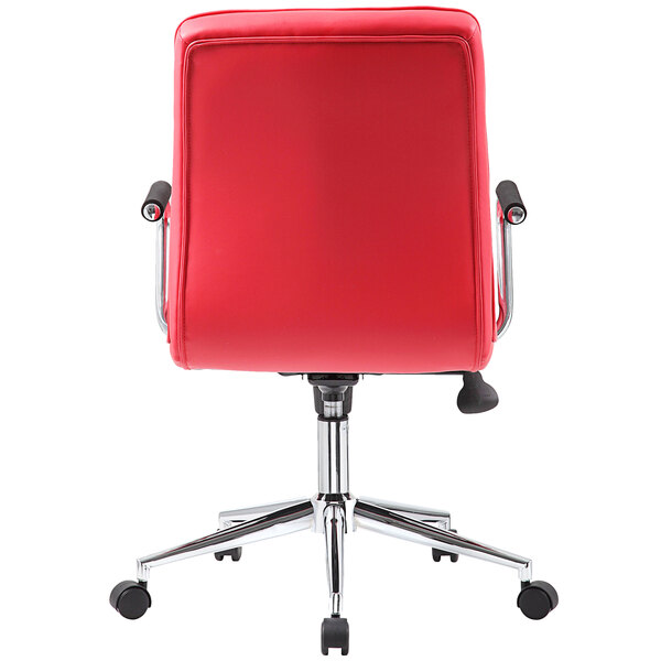 A red Boss office chair with chrome arms and wheels.