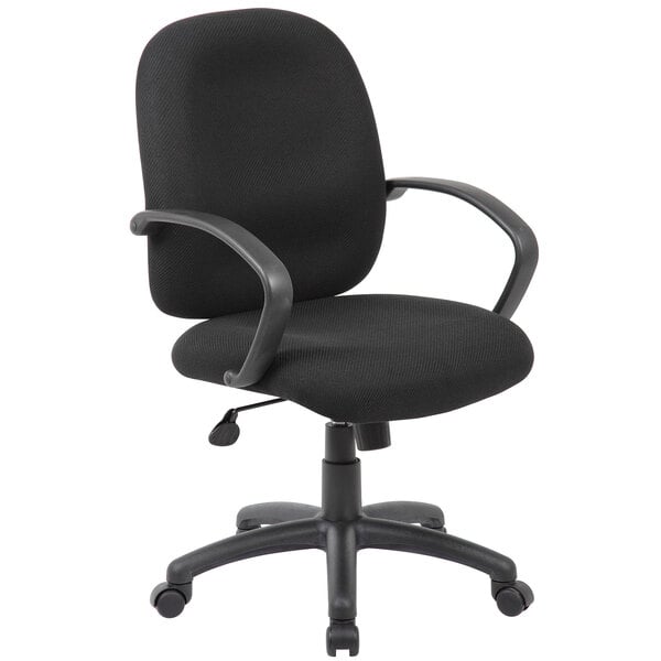 A Boss black tweed office chair with arms and wheels.