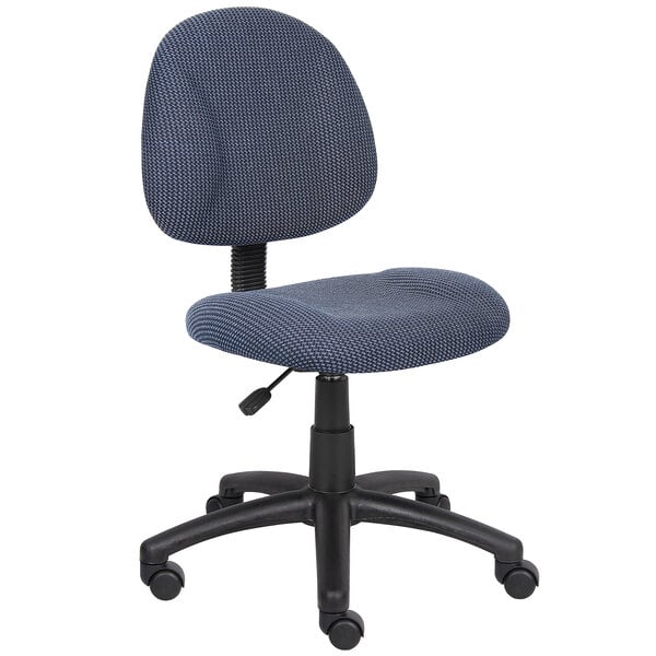 A Boss blue tweed office chair with wheels and a black base.