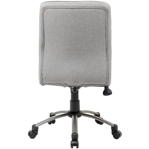 A taupe office chair with black wheels.