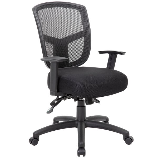 A Boss black mesh office chair with arms.