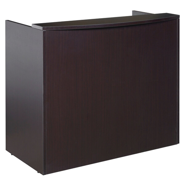A mocha laminate reception desk shell with a black desk top.