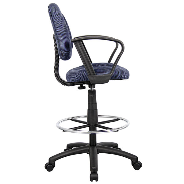 A blue Boss drafting stool with a black base and footring.