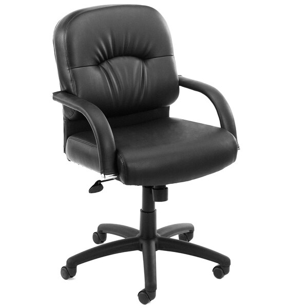 A Boss black leather mid back office chair with wheels.