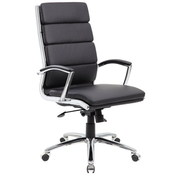 a black office chair with chrome legs