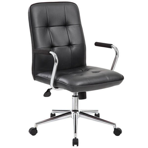 a black office chair with chrome legs