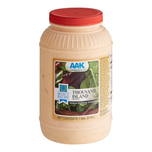 A plastic container of AAK Select Recipe Thousand Island Dressing with a label.
