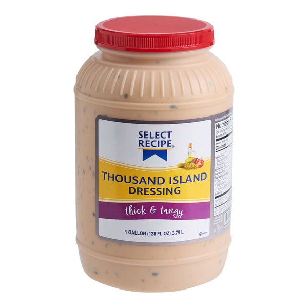 A 1-gallon container of Select Recipe Thousand Island Dressing with a red lid.
