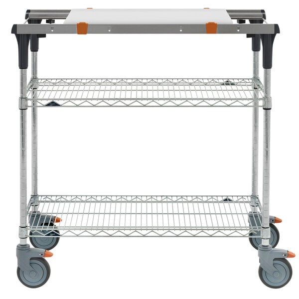 A Metro PrepMate MultiStation metal cart with wheels and shelves.