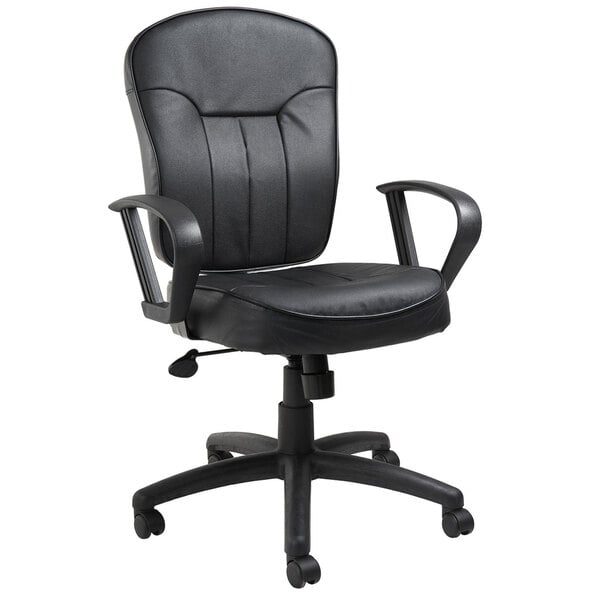 A Boss black leather office chair with loop arms.