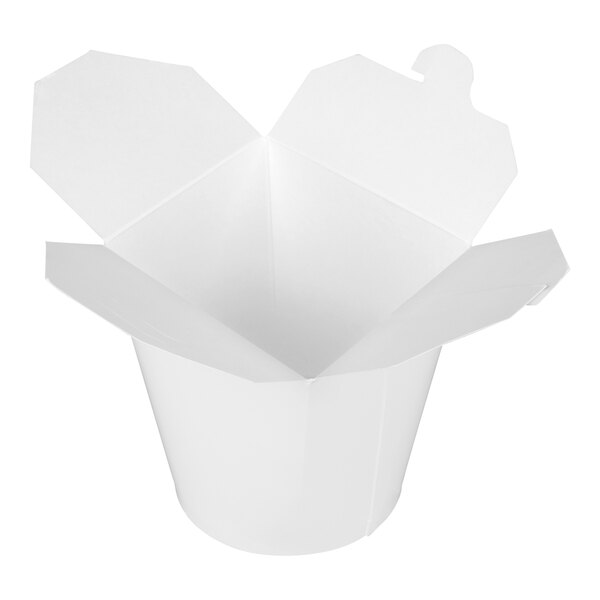 A white, 32 oz. microwavable paper take-out container with open flaps.