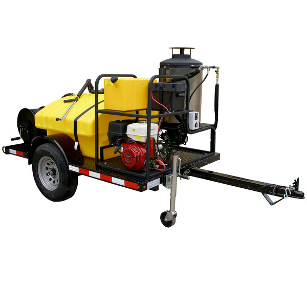 A yellow Cam Spray hot water pressure washer on a small yellow trailer.