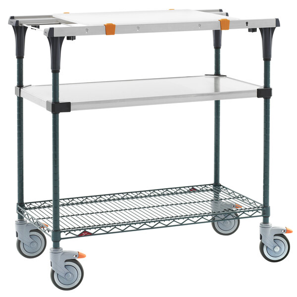 A Metro PrepMate MultiStation cart with wheels and two shelves.