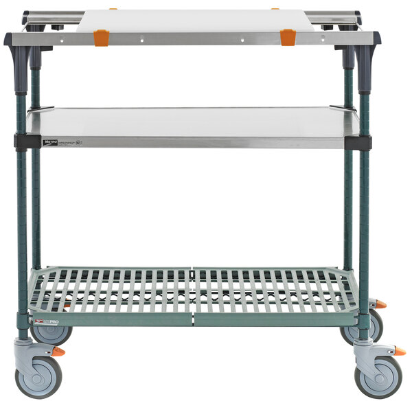 A Metro PrepMate MultiStation with stainless steel shelves and wheels.
