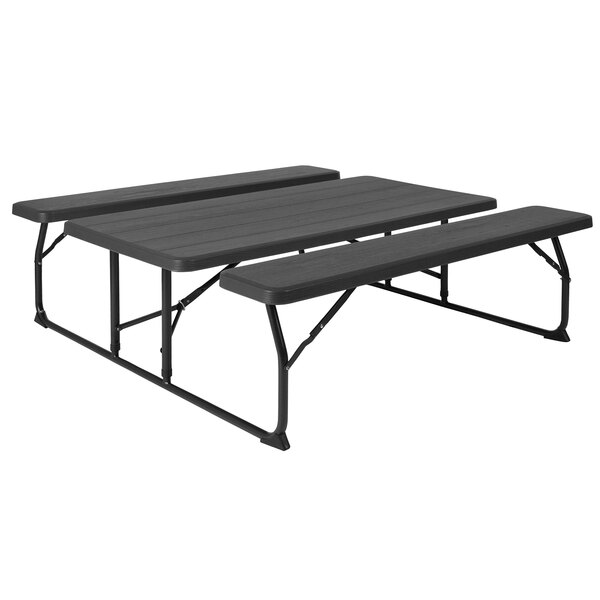 A black plastic folding table with two attached benches.