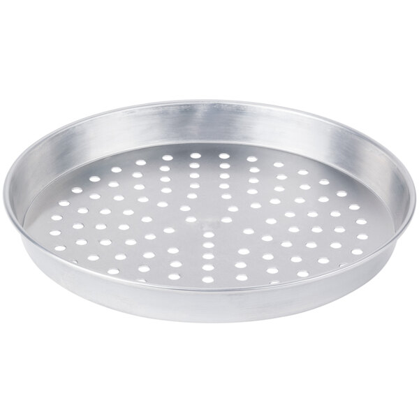 An American Metalcraft round silver aluminum pizza pan with holes.