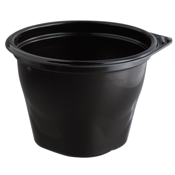 A black plastic Fabri-Kal SideKicks bowl with a clear lid.