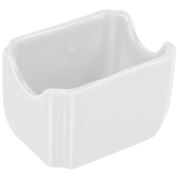 A white square Fiesta sugar caddy with a curved edge and a lid.