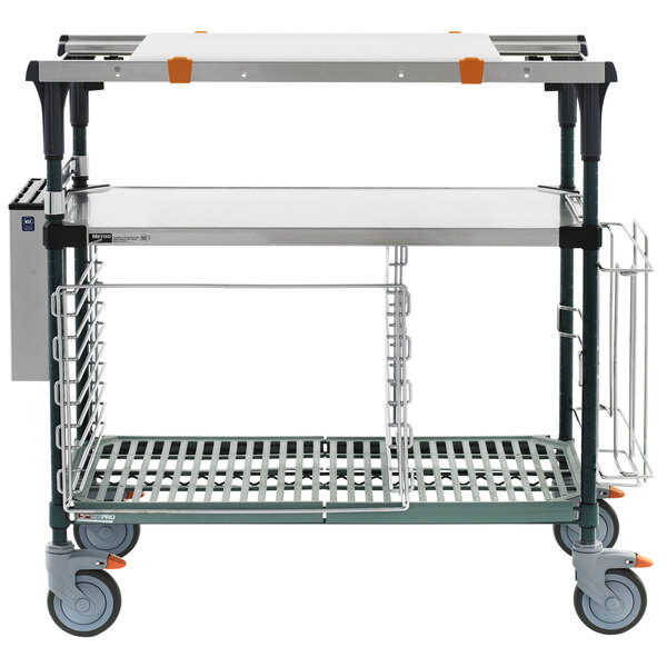 A stainless steel Metro PrepMate cart with shelves and wheels.
