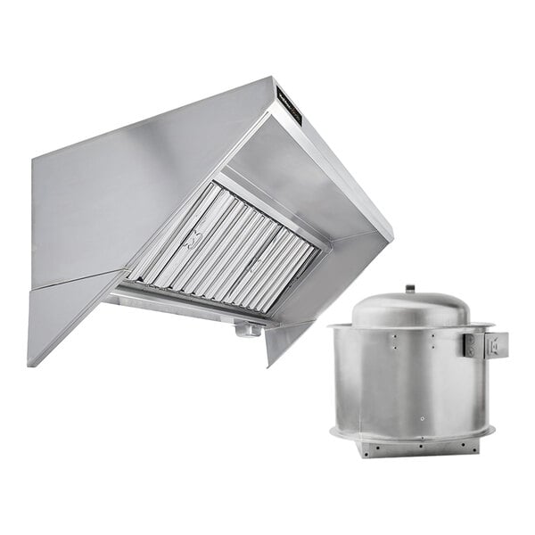 A stainless steel concession trailer or food truck hood system with a vent and fan unit.